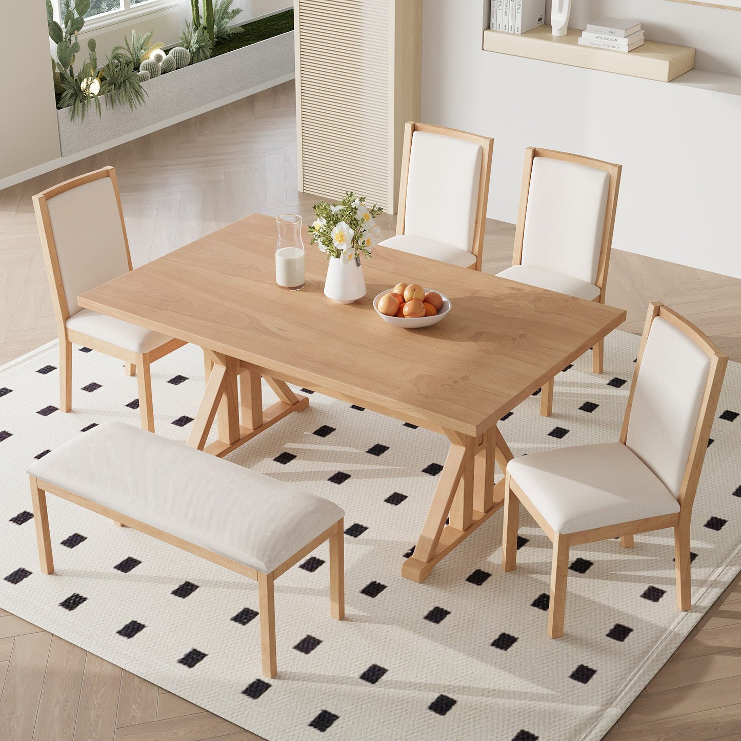 Farmhouse Classical 6-Piece Dining Table Set with Trestle Legs,Kitchen