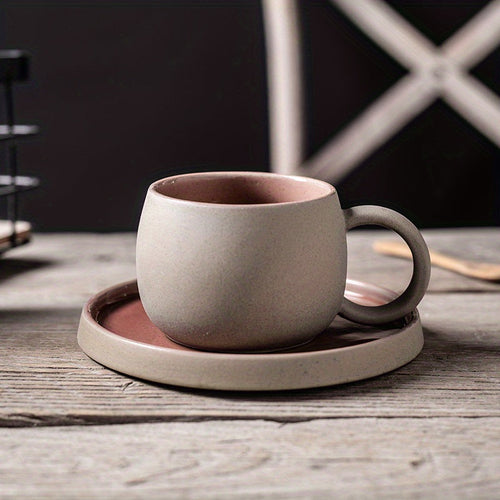 Retro Colorblock Insulated Ceramic Coffee Mug and Saucer