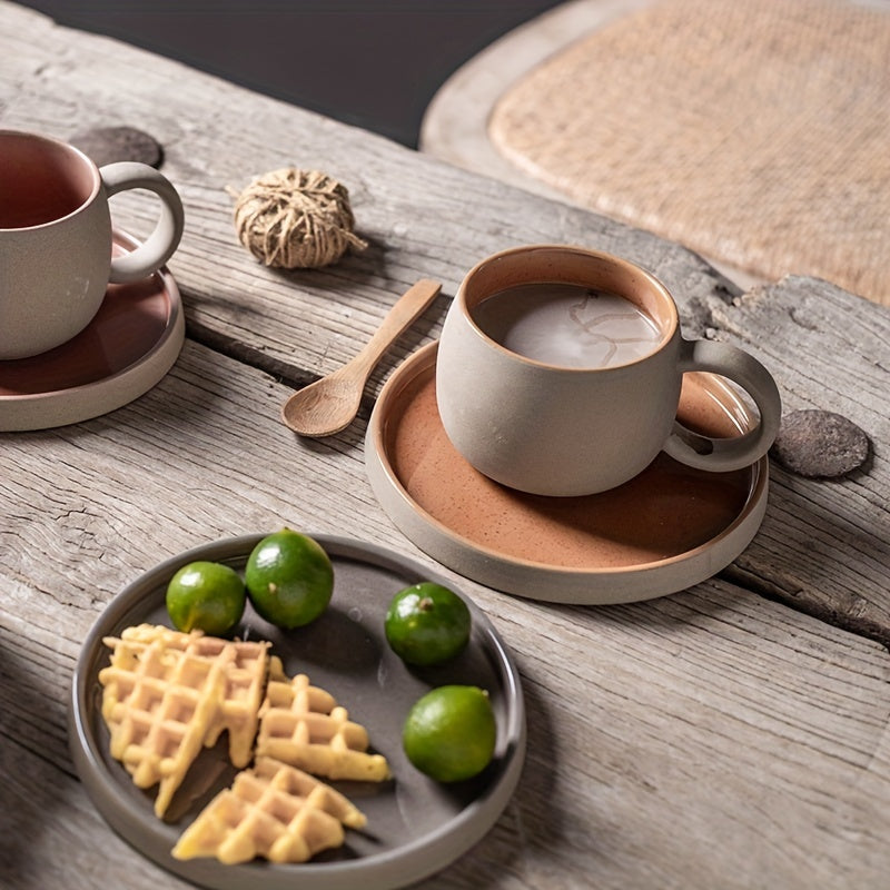 Retro Colorblock Insulated Ceramic Coffee Mug and Saucer