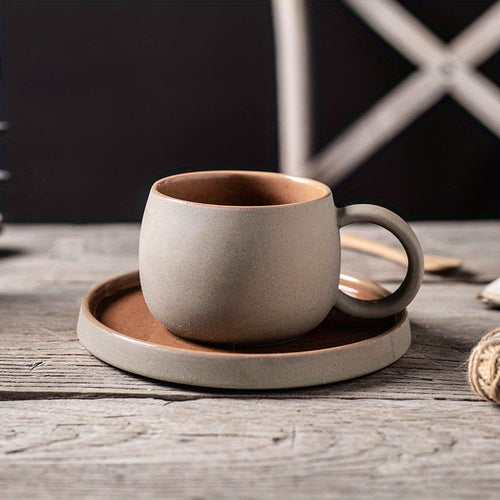 Retro Colorblock Insulated Ceramic Coffee Mug and Saucer