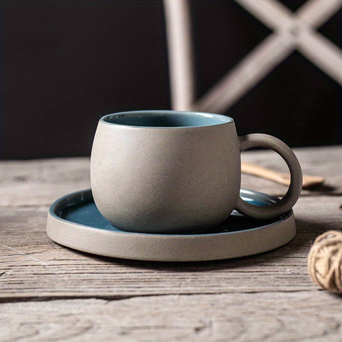 Retro Colorblock Insulated Ceramic Coffee Mug and Saucer