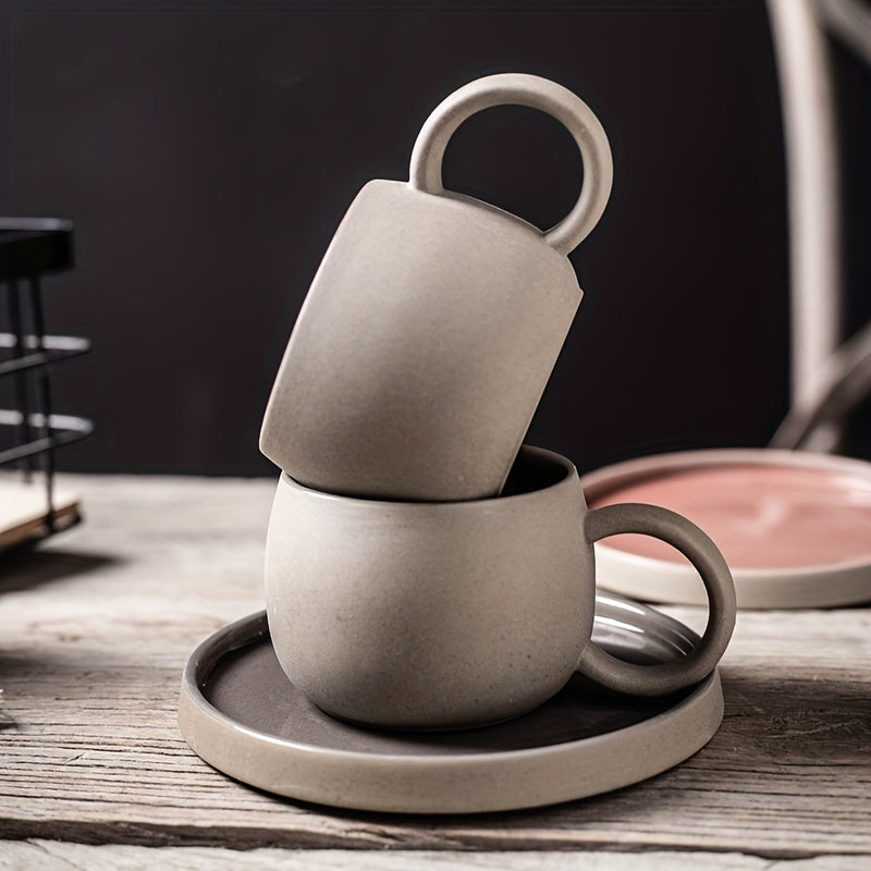 Retro Colorblock Insulated Ceramic Coffee Mug and Saucer