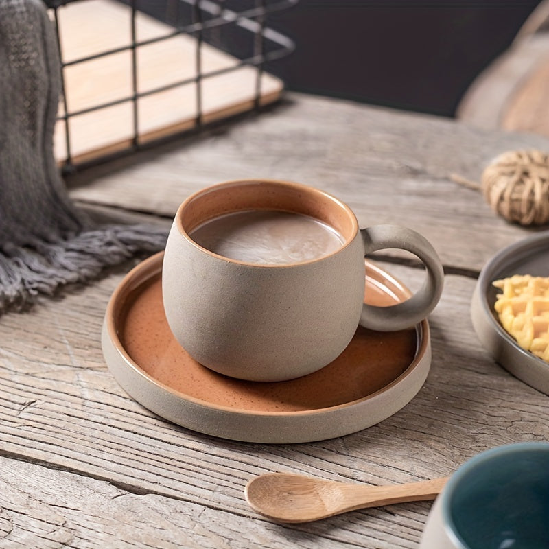 Retro Colorblock Insulated Ceramic Coffee Mug and Saucer