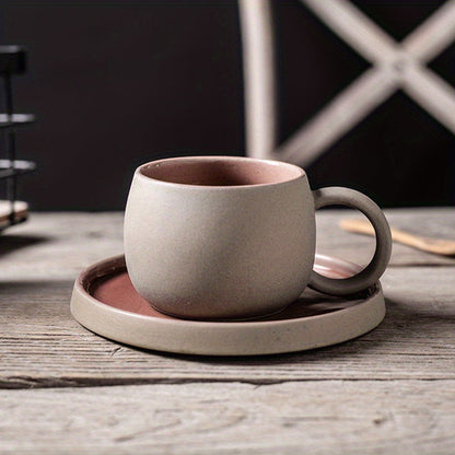 Retro Colorblock Insulated Ceramic Coffee Mug and Saucer