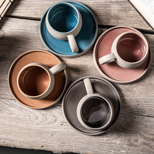 Retro Colorblock Insulated Ceramic Coffee Mug and Saucer