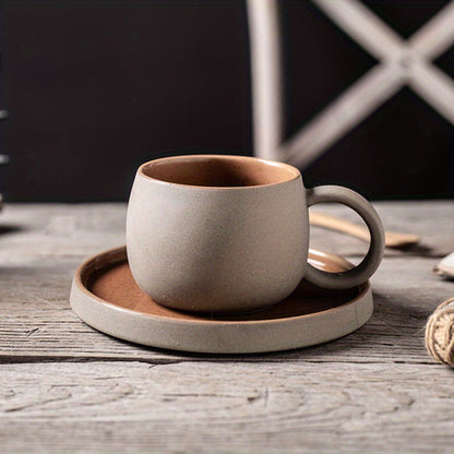 Retro Colorblock Insulated Ceramic Coffee Mug and Saucer