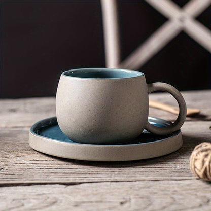 Retro Colorblock Insulated Ceramic Coffee Mug and Saucer