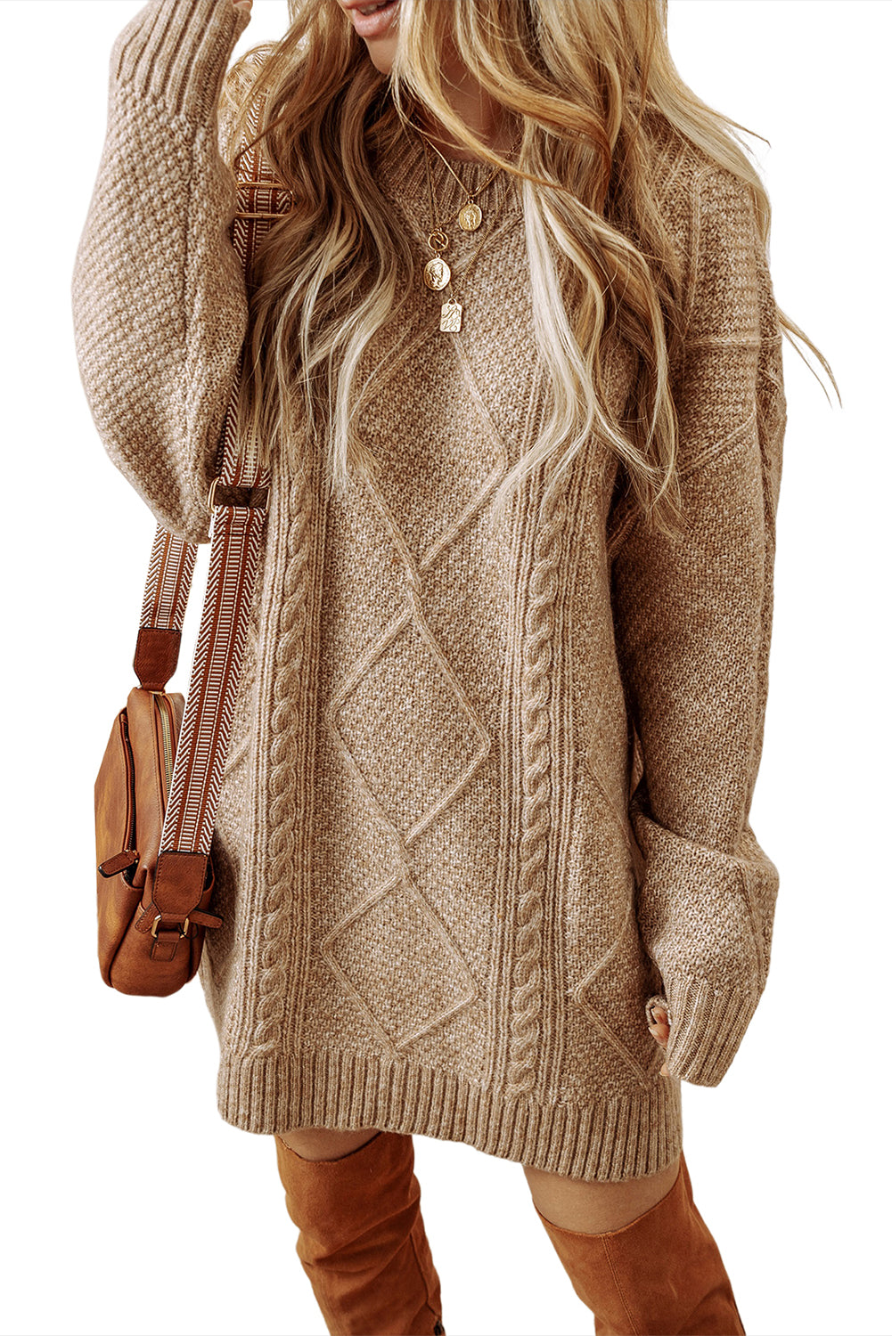 Parchment Cable Knit Loose Fit Sweater Dress