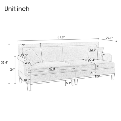 Upholstered Country Style Sofa with Wooden Legs and Two Throw Pillows