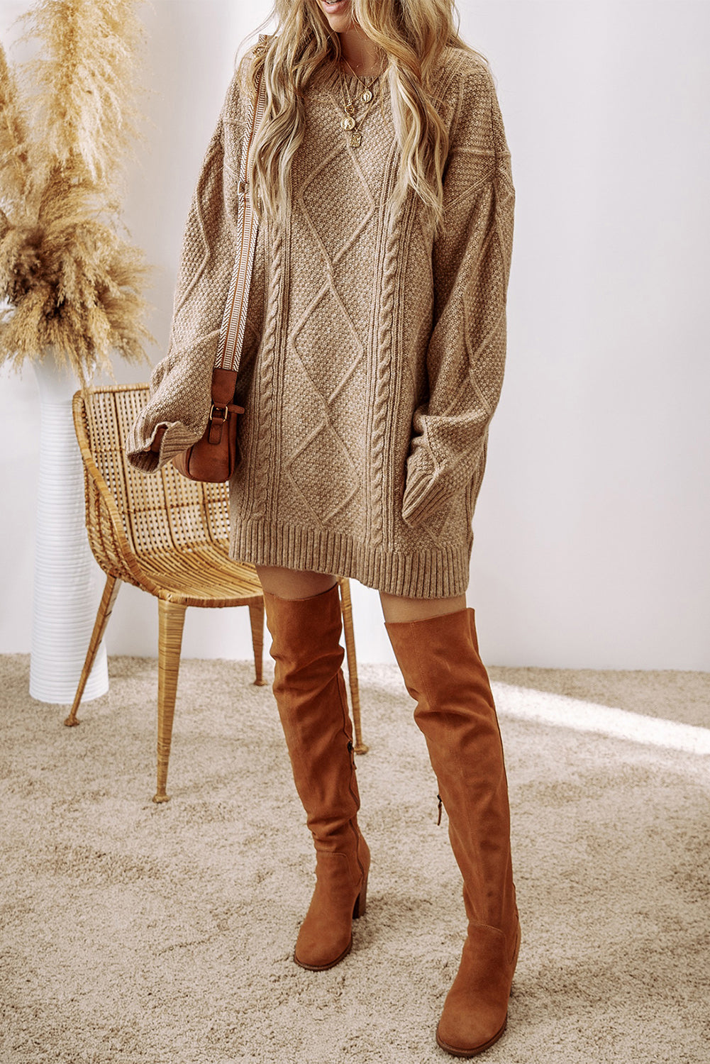 Parchment Cable Knit Loose Fit Sweater Dress