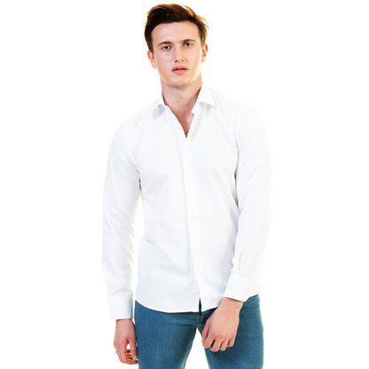 Solid White Mens Slim Fit Designer Dress Shirt - Tailored Cotton