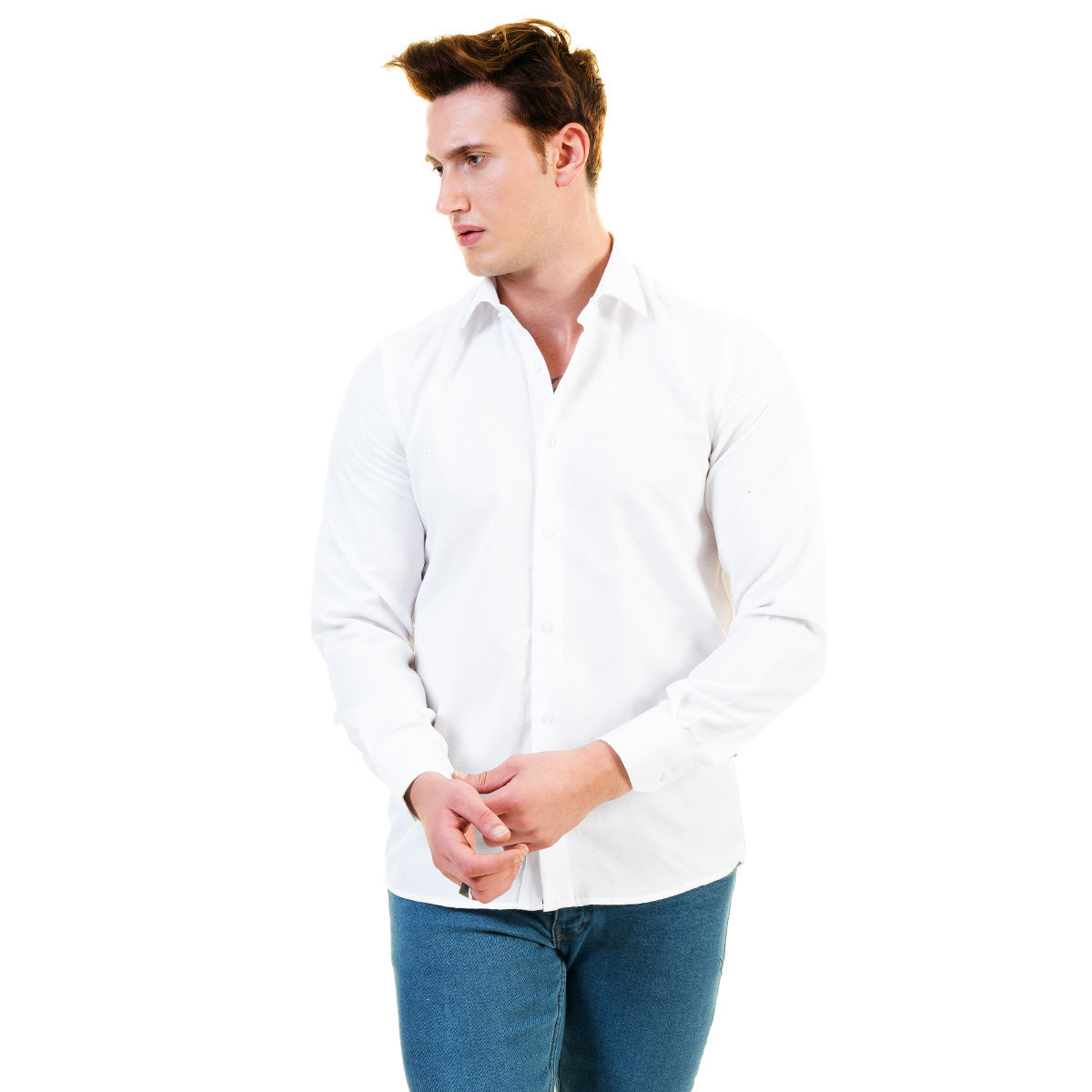 Solid White Mens Slim Fit Designer Dress Shirt - Tailored Cotton