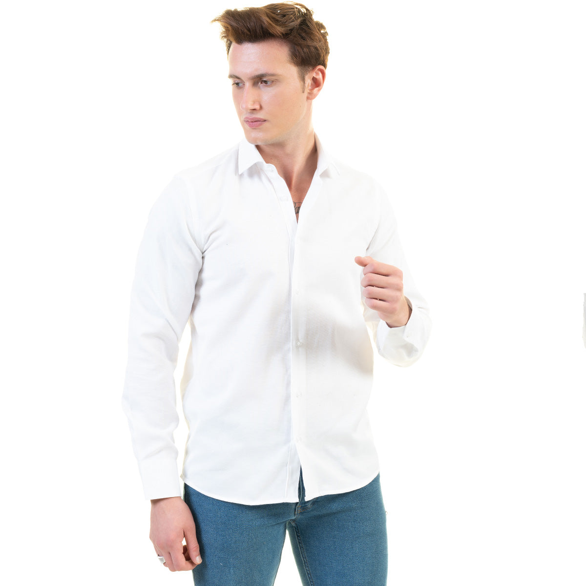 Solid White Mens Slim Fit Designer Dress Shirt - Tailored Cotton