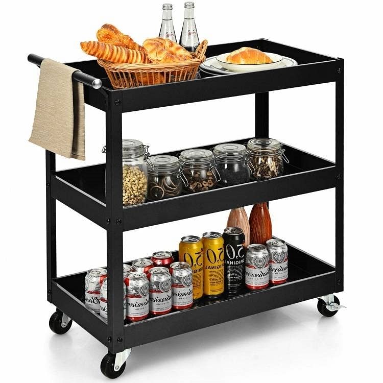 Black Steel Frame Kitchen Serving Utility Cart on Wheels with 2 Bottom