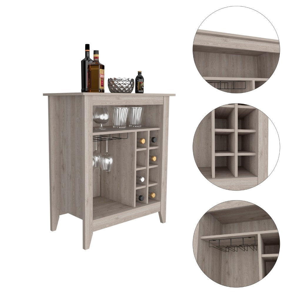 Bar Cabinet Castle, One Open Shelf, Six Wine Cubbies, Light Gray