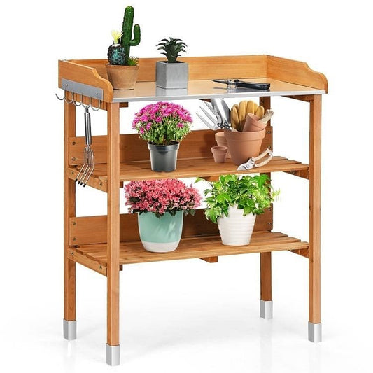 Solid Wood Outdoor Garden Bench Table with Bottom Storage Shelves and