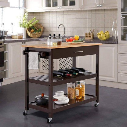 Dark Brown Kitchen Island Cart w/ Wood Top 2-Shelves Drawer and