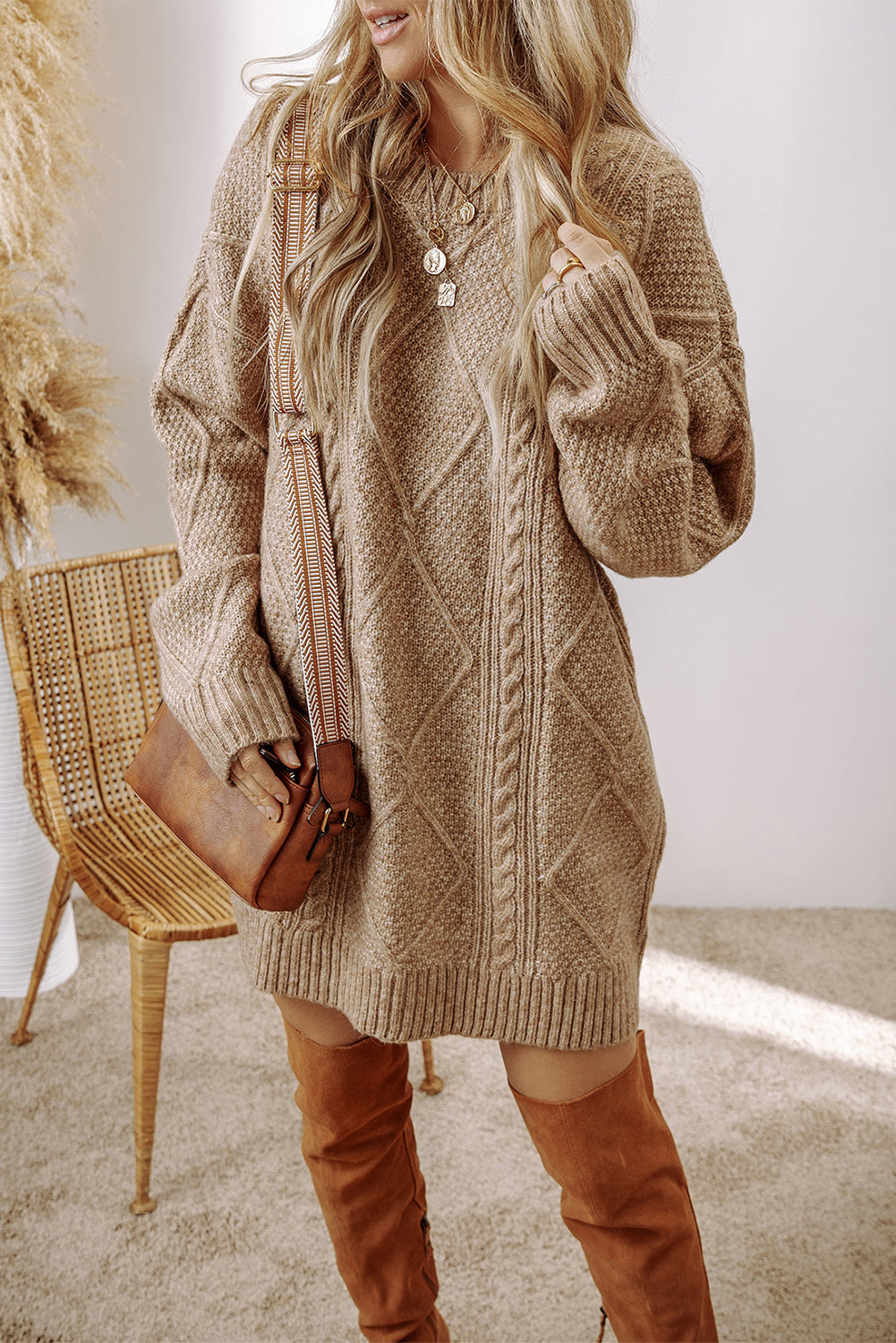 Parchment Cable Knit Loose Fit Sweater Dress